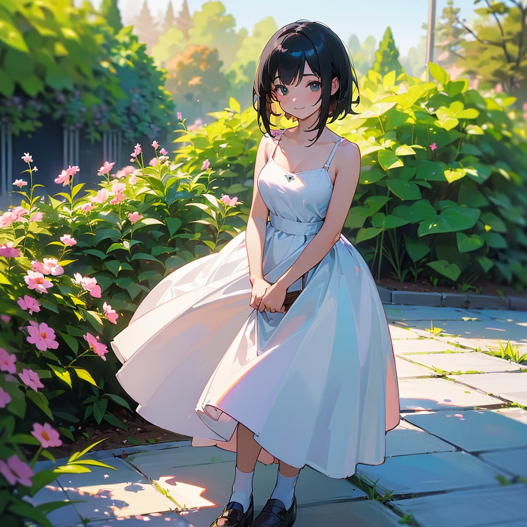 (high quality, High resolution, Very detailed, reality:1.37), Peaceful atmosphere, (Outdoor, garden), Teenage girl standing alone, (my breasts are big.), Beautiful details, Cute Smile, (Black bob hair), White camisole dress, White socks, loafers.