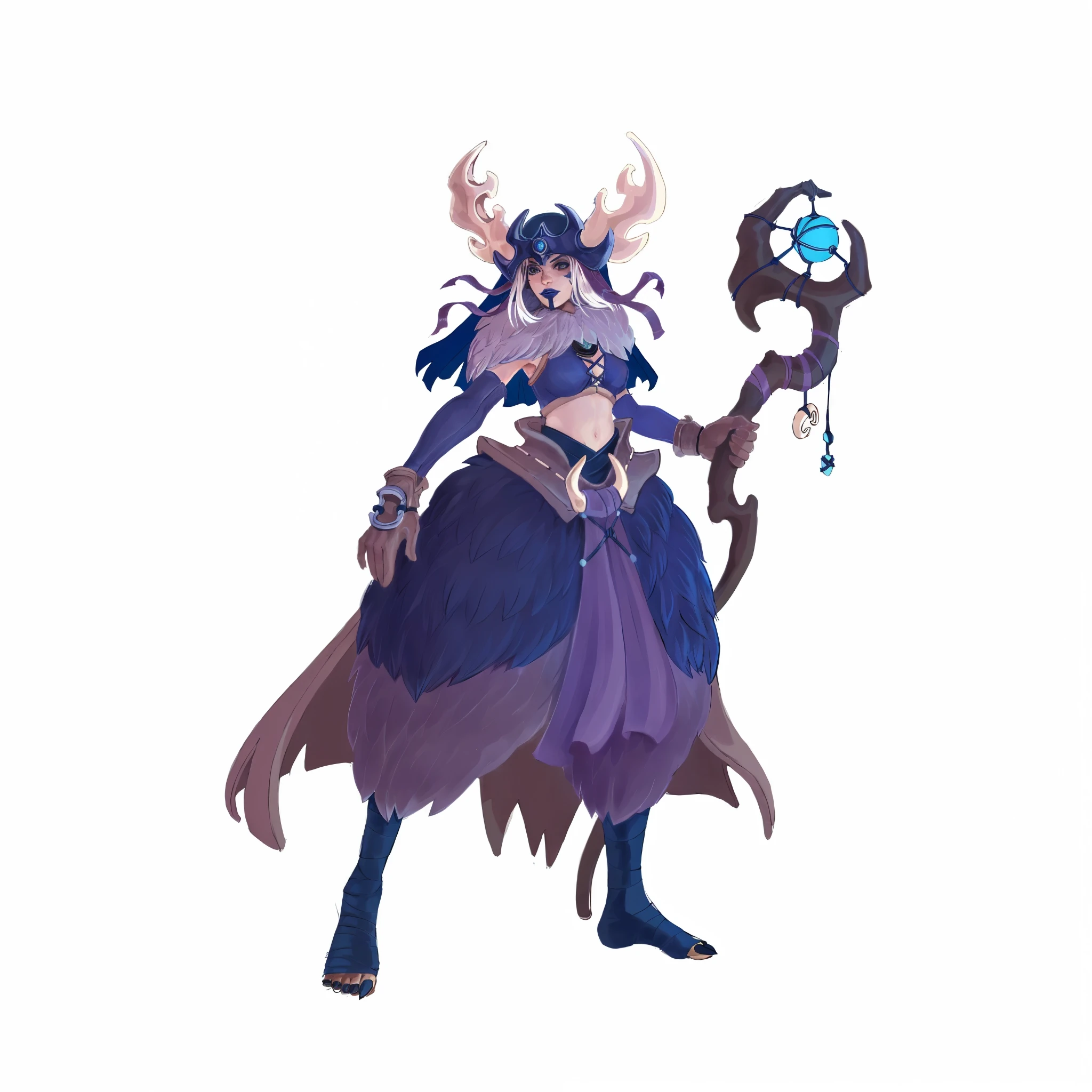 Close-up of a cartoon character with a sword and hat, fullbody pose, semirealism, northern shaman, in fur wide pants, with blue tape on the legs and feet, in a leather belt with a bone buckle and hanging fabric, long blue and brown leather gloves on hands, open belly, leather tie top, fur collar, crown headdress with horns with ribbons and short veil, in hand a wooden staff with a blue glowing ball.