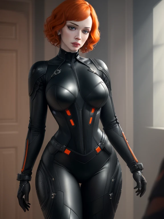 Leaning Slightly Forward: With her back to the viewer, Black Widow leans slightly forward, turning her head to give a seductive smile. Her tight tactical suit emphasizes her curves and athletic build. Her short hair falls neatly around her face, enhancing her captivating expression.
