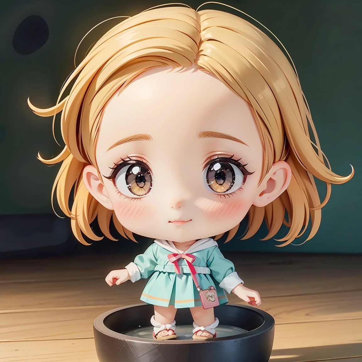  Super Chibi Character：1.8、wearing cute sandals、background：Simple all over、Blonde Hair、Cute 7 year old girl、Random cute outfits、Short legs、Sandals with ribbon、Bowing your head and apologizing、Forehead on the floor、Forehead on the floor