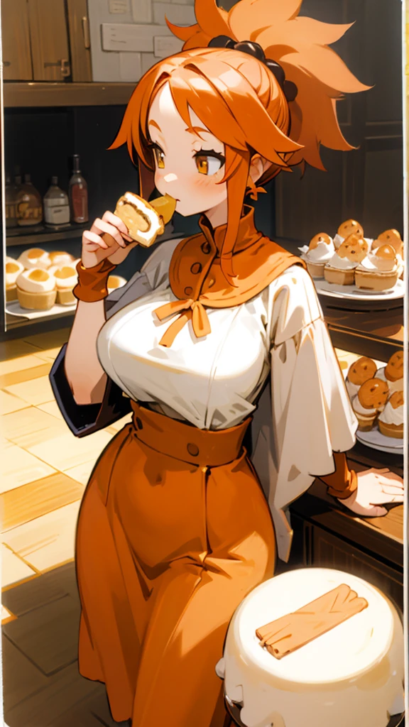 High detailed, 1 girl, werelion girl, huge Orange hair, busty, plump body, villager clothes, Villager Long skirt, munching, eating  cat-cakes, cat-cakes in table, she is eating  cat-cakes 