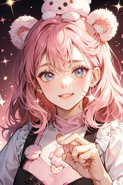 A dark pink GIRL bear ice cream with a winking expression. SHe has brown cream on the top of hER head and pink sprinkles. SPARKLE; GLITTER