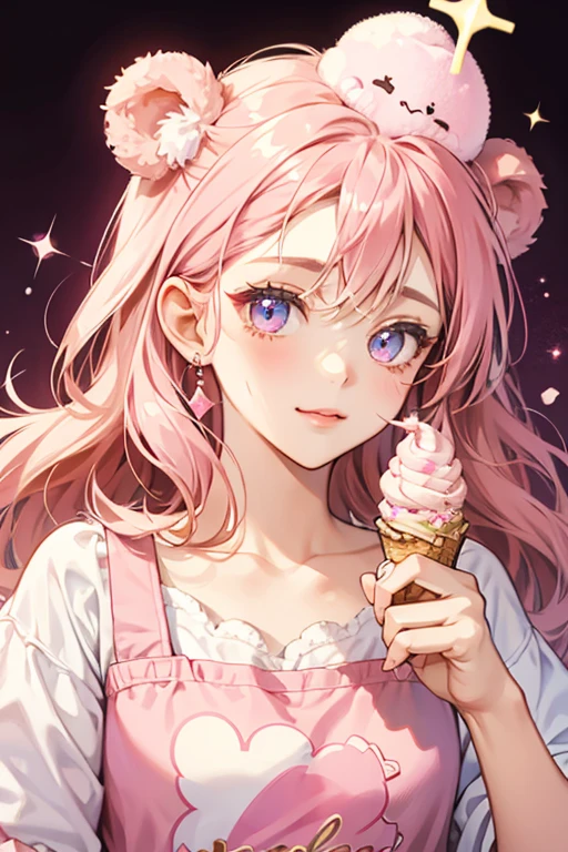 A dark pink GIRL bear ice cream with a winking expression. SHe has brown cream on the top of hER head and pink sprinkles. SPARKLE; GLITTER