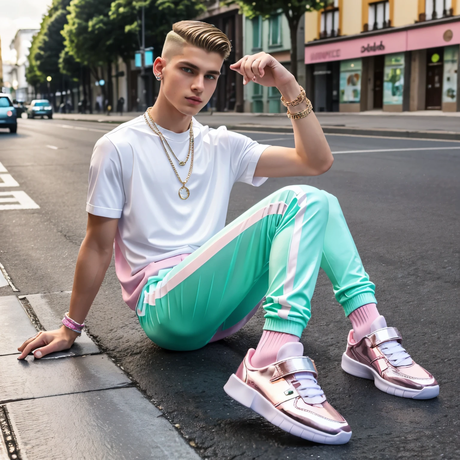 full view full, body, photo of one handsome white european young model boy with clean hyper undercut haircut, in fashion disco. He wears very fashionable clothes, socks and sneakers, shiny, brighting, brilliant , sparkling and over-shining, in pastel pink and green tones, and rings, bracelets and necklaces by dozens.
