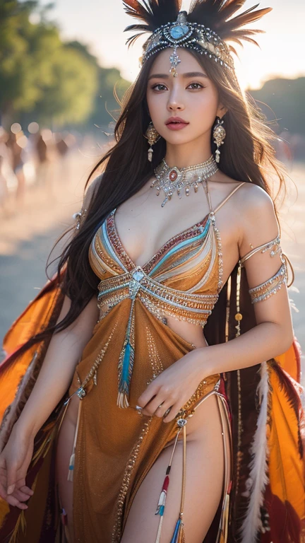 Exotic beautiful native American princess, female,very small revealing dress made with feathers, magic, alluring, sultry, full-length, female-body, hazel-eyes, bright, , OverallDetail. beautiful blurry background, perfect face and eyes, hyper-detailed hypermaximalist dynamic