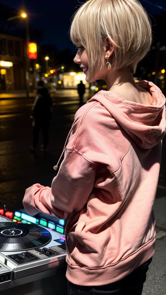 Highest quality, Tabletop, Ultra-high resolution, (Realistic:1.4), (Japanese Idols),RAW Photos, One Girl, night,Detailed skin,nightclub,Disco,(blonde:1.2), (Pink inner hair:1.3),Glossy Lips,smile,21 years old,Beautiful and beautiful eyes,eye shadow,Diamond jewellery,Earrings,Gold Jewelry,(hoodie:1.3),,(Shoulder strengthening:1.2),A well-trained body,(Pixie Cut),Round face,(playing music as a DJ:1.5), (DJ:1.2) Vibrant performances (Music Festival:1.2) and (Lively crowd:1.1) and (Colorful stage lighting:1.1), (Back view:1.5 ),Back view,A slightly distant composition,(back of head)