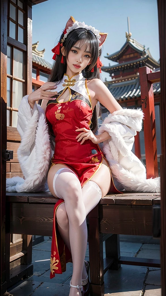 best quality, masterpiece, Practical, photoPractical, 1 Girl, Solitary, permanent, Looking at the audience, cheshire role play costume, role play, skirt, Chinese clothes, High Leg Raise, I stole a cloak, Cat ears, Hair accessories, Detailed background, Chinese garden,