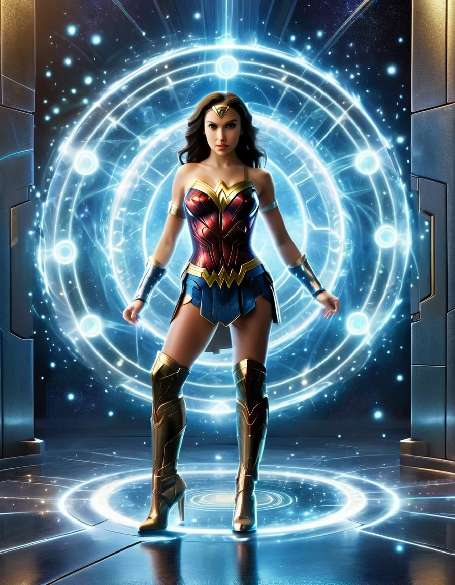 ((Full body photo, standing, on the floor)) Envision Wonder Woman portals within the Plex interface, allowing seamless travel between parallel universes, each portal revealing a different facet of her character.