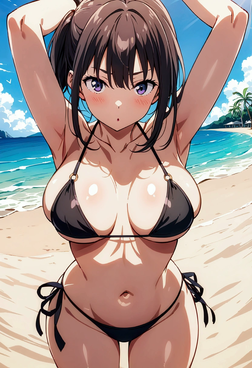 score_9, score_8_up, score_7_up,BREAK,source_anime,best quality,masterpiece,aesthetic,very aesthetic,,official art,official_style,  1girl, inoue takina, lycoris recoil,black bikini,navel,side-tie_bikini,medium breast, 
(Shiny bare skin), 

cool,
standing pose,top angle,straight-on,breast focus,upperbody

(beach,sunshine),
