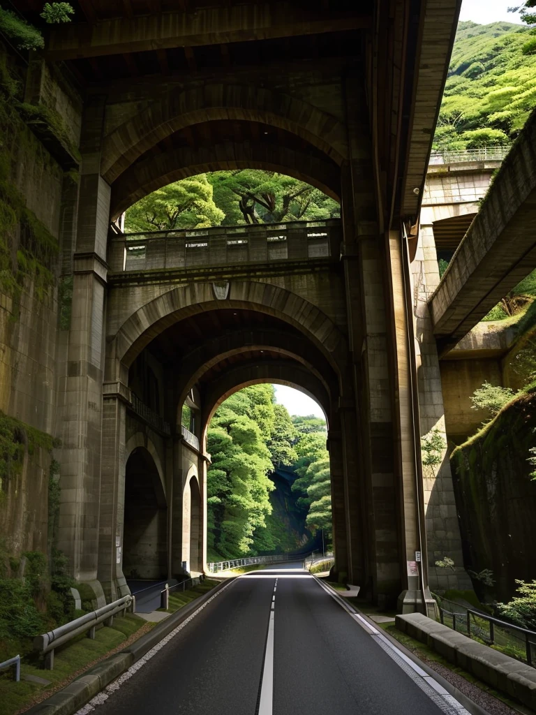 (((Masterpiece))), (best quality),A Japanese viaduct stretches directly across the street. Underneath the viaduct is a single lane road. A local city.