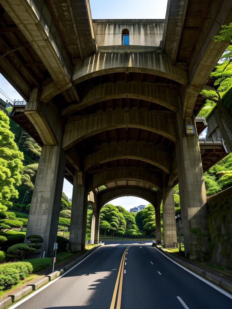 (((Masterpiece))), (best quality),A Japanese viaduct stretches directly across the street. Underneath the viaduct is a single lane road. A local city.