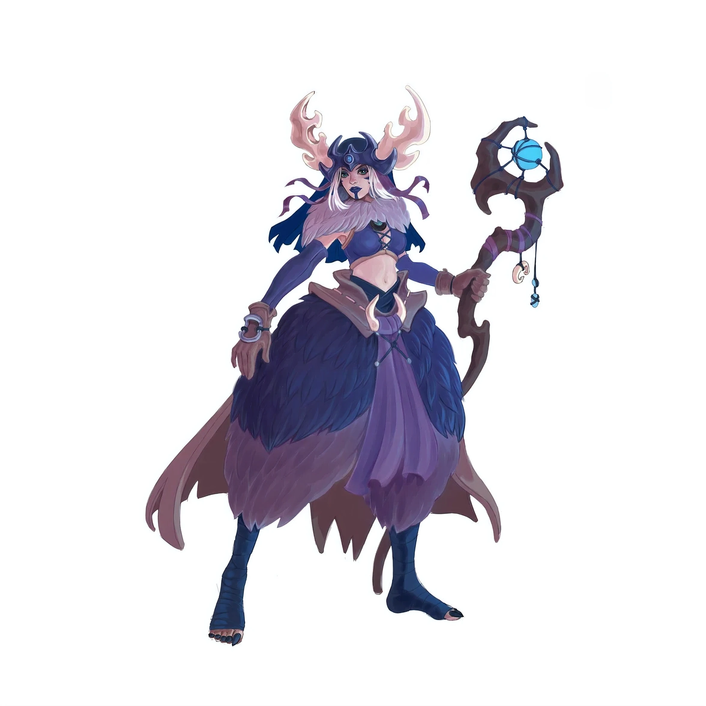 Close-up of a cartoon character with a sword and hat, fullbody pose, semirealism,  northern shaman, in fur wide pants, with blue tape on the legs and feet, in a leather belt with a bone buckle and hanging fabric, long blue and brown leather gloves on hands, open belly, leather tie top, fur collar, crown headdress with horns with ribbons and short veil, in hand a wooden staff with a blue glowing ball.