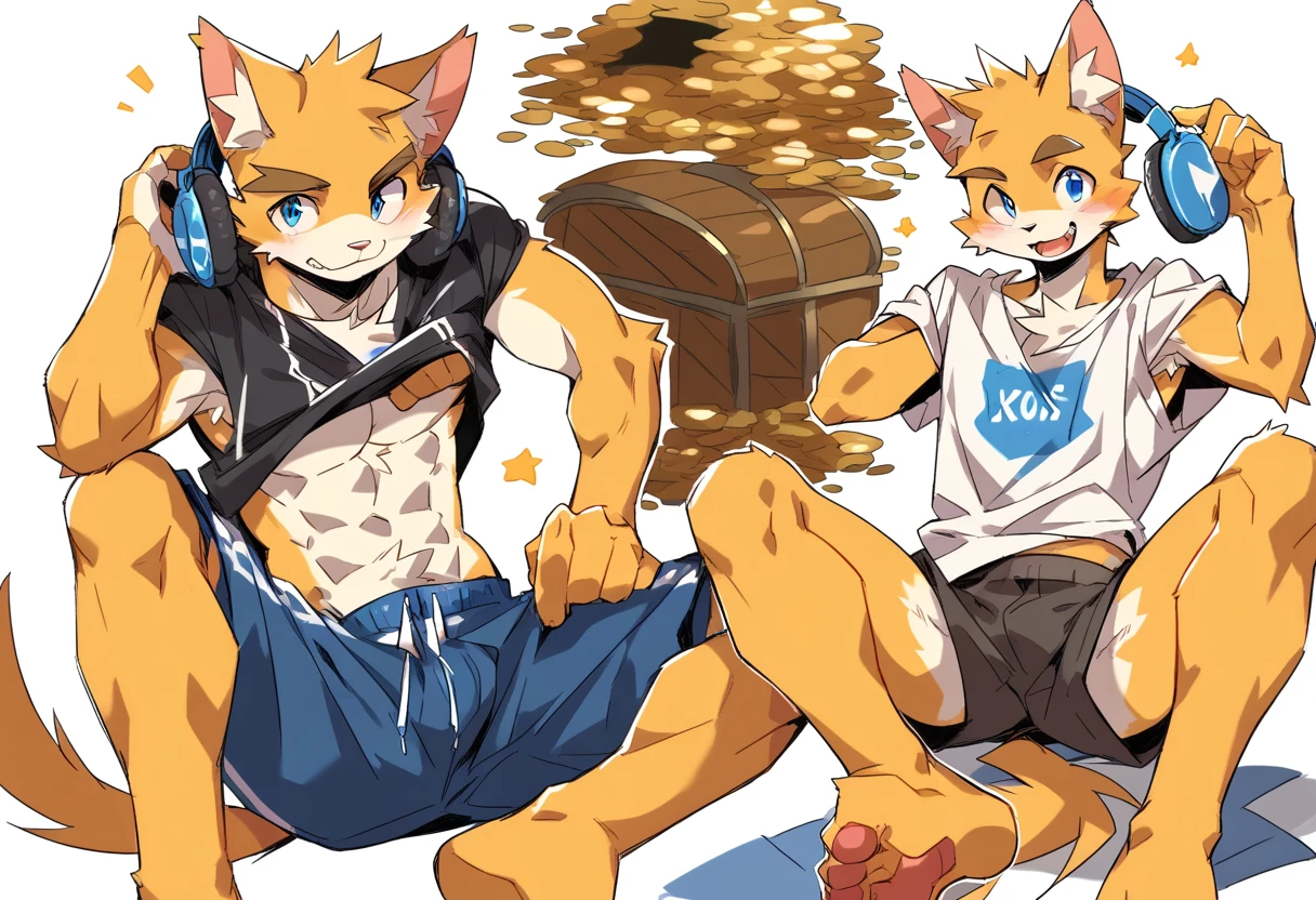 score_9, score_8_up, score_7_up, male, furry, high quality, anthro, teenager, ************, domestic cat, bright yellow fur, blue eyes, wide brown eyebrows, happy expression, humanoid feet, slim body, prominent v-line, prominent abs, prominent legs, prominent forearm, prominent knees, white background, treasure trail, dark armpit hair, furry legs, in various sexy poses, headphones, casual clothes, t-shirt, joggers, shorts, lying, showing off