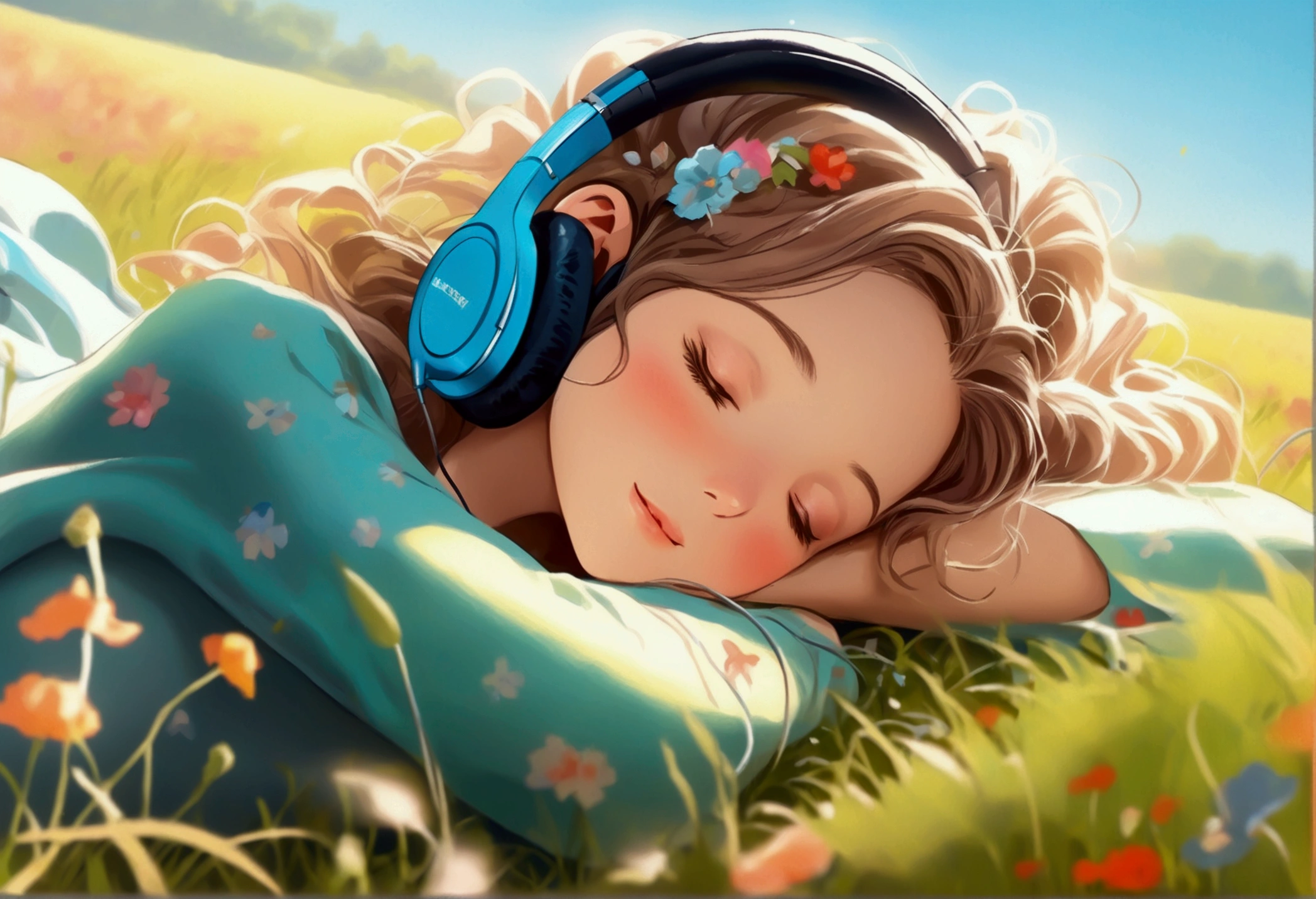 italian scenery、beautiful illustrations, highest quality, A cute girl wearing headphones and listening to music while sleeping with her eyes closed in the meadow
