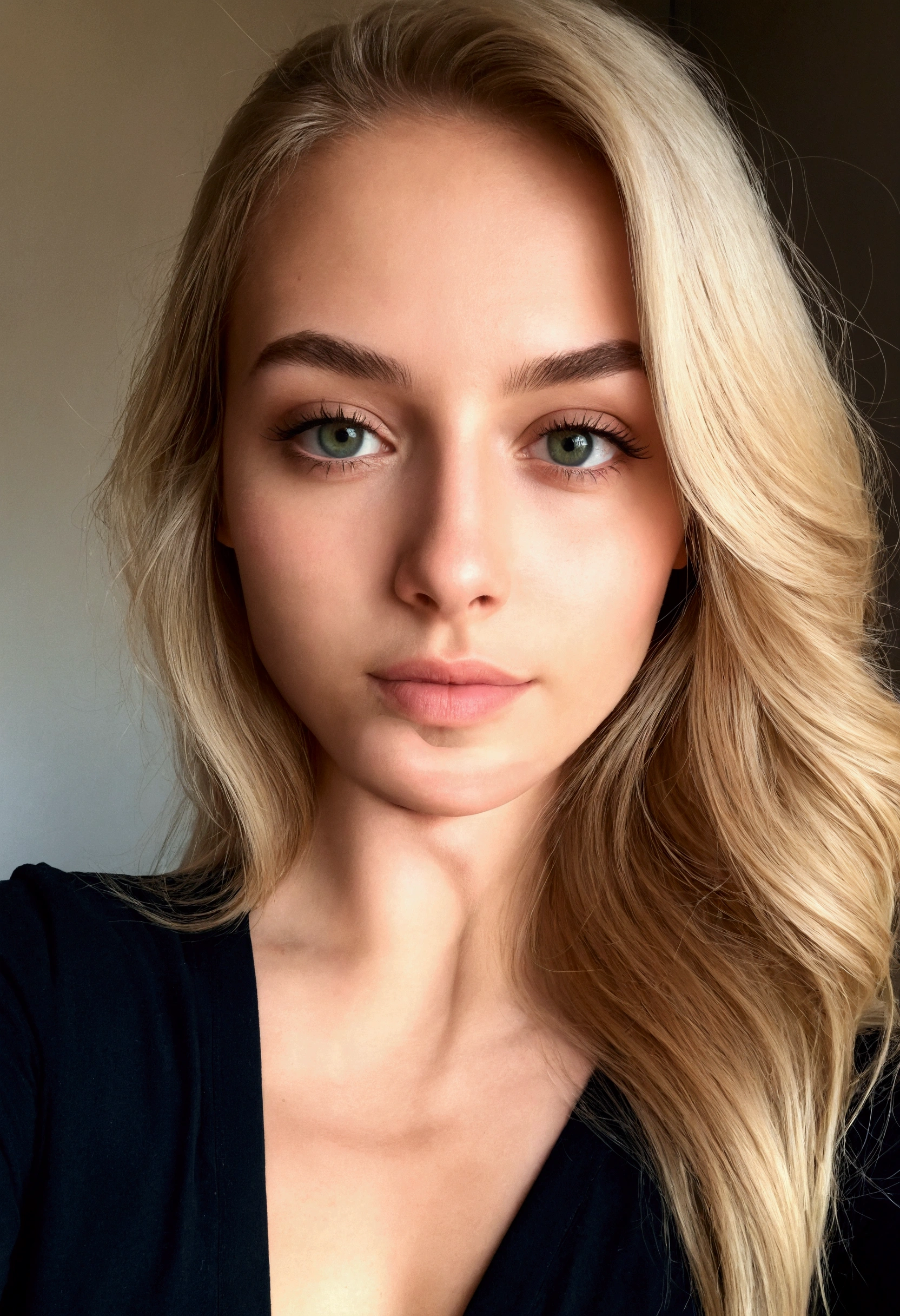 une belle fille blonde de 25 ans aux yeux verts, Longs cheveux blonds, sitting on her allumé, prendre une jolie photo de selfie, proportion parfaite du corps, porter un outfit, traits du visage détaillés, Une peau impeccable, éclairage naturel, tons chauds, 1fille, Visage détaillé, chef-d'œuvre, Yeux détaillés, Lèvres détaillées, belle peau, éclairage naturel, couleurs chaudes, alluméroom, allumé, iPhone, photo de selfie, ville,