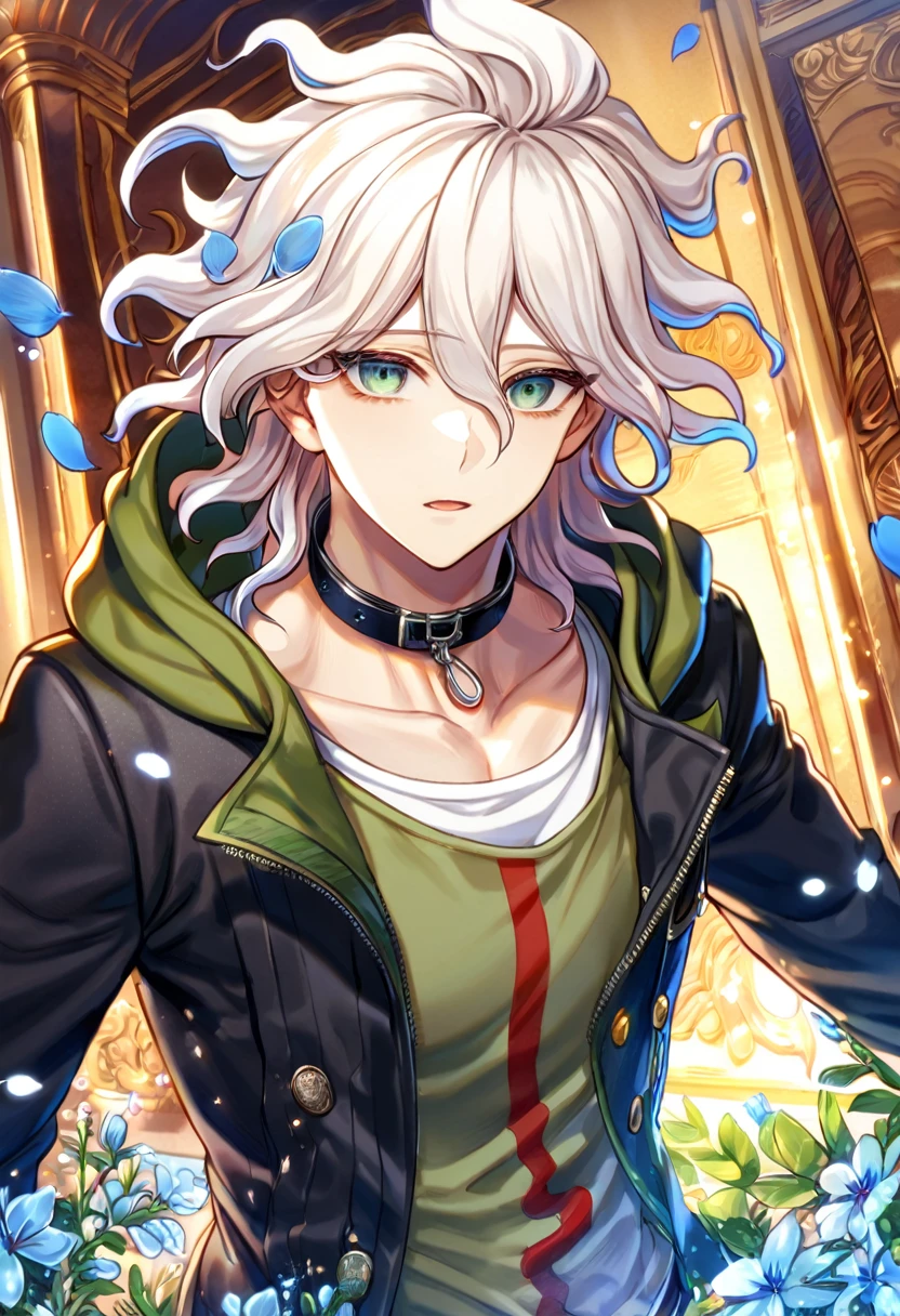 absurdres, highres, ultra detailed, HDR, master piece, Komaeda Nagito, white hair, expressive gray-green eyes, cropped black jacket, dark-red and olive-green scoop-neck shirt, long beige undershirt, Danganronpa, sexy man, room, handsome, best quality, flowers, fantasy, magical, solo, blue shining fireflies, blue petals, sensual, black collar,