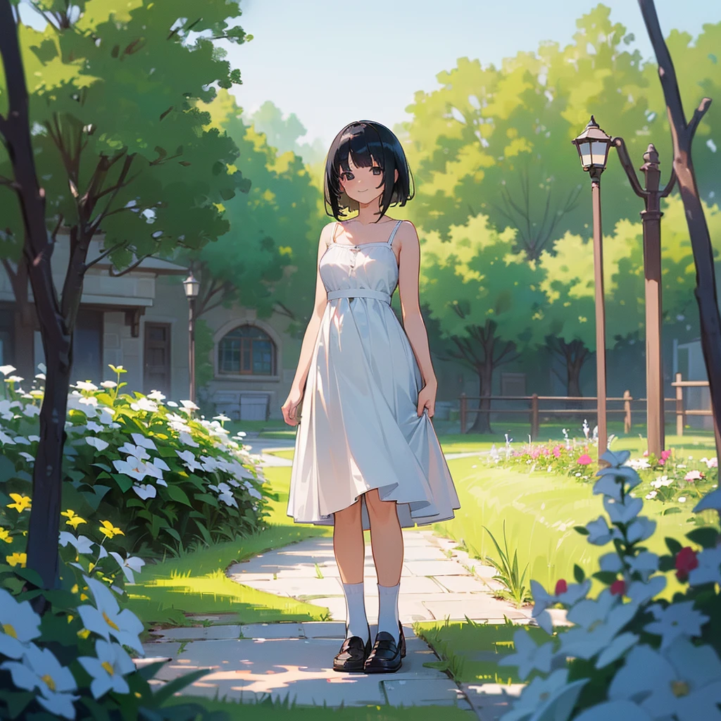 (high quality, High resolution, Very detailed, reality:1.37), Peaceful atmosphere, (Outdoor, garden), Teenage girl standing alone, (my breasts are big.), Beautiful details, Cute Smile, (Black bob hair), White camisole dress, White socks, loafers.