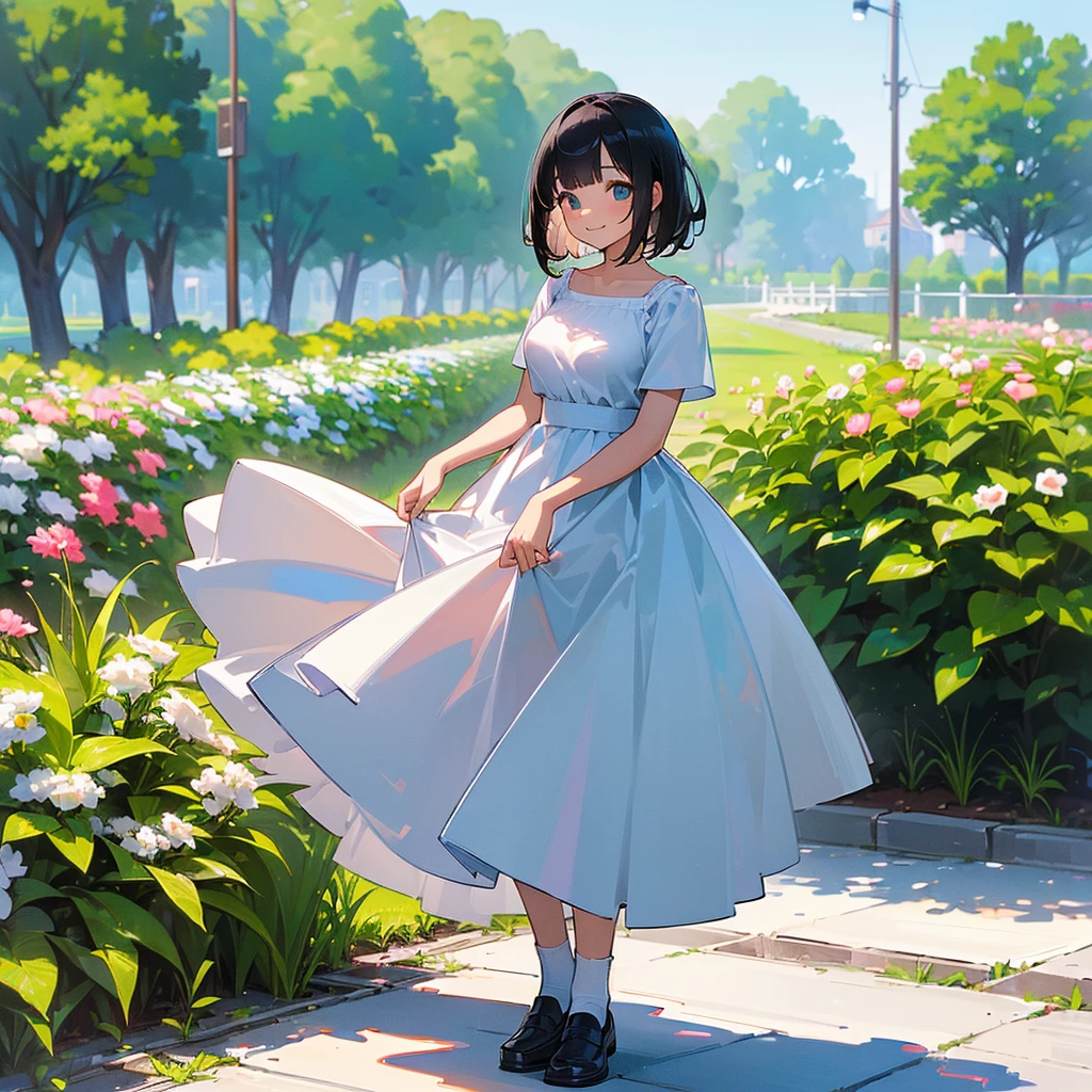 (high quality, High resolution, Very detailed, reality:1.37), Peaceful atmosphere, (Outdoor, garden), age girl standing alone, (my breasts are big.), Beautiful details, Cute Smile, (Black bob hair), White camisole dress, White socks, loafers.