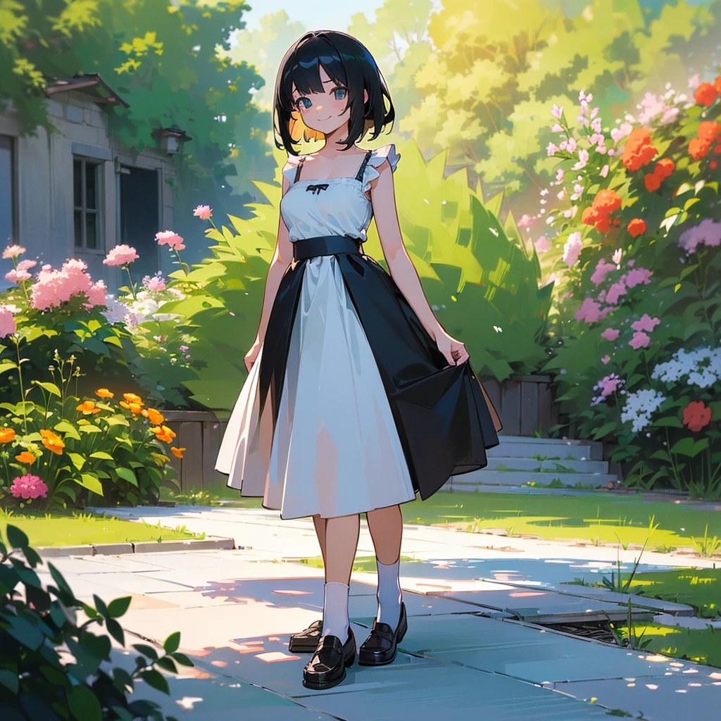 (high quality, High resolution, Very detailed, reality:1.37), Peaceful atmosphere, (Outdoor, garden), Teenage girl standing alone, (my breasts are big.), Beautiful details, Cute Smile, (Black bob hair), White camisole dress, White socks, loafers.