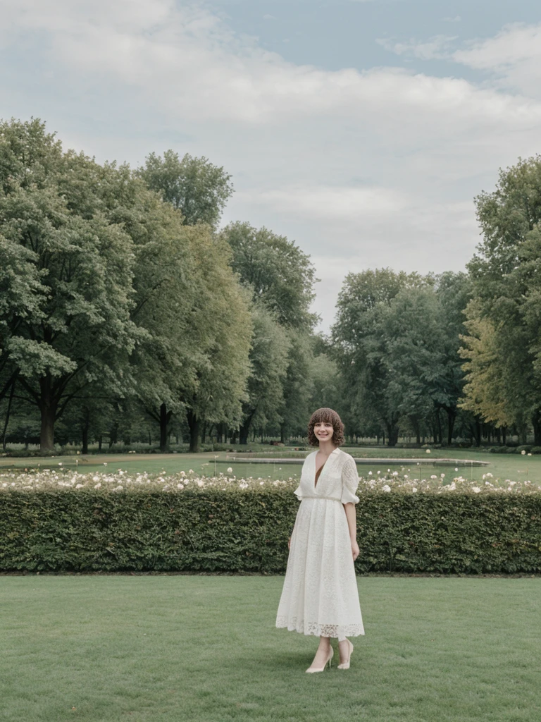 her name is Amelie, high quality, 1girl, ((25-year-old fit Caucasian woman)), ((25 years old)), ((BODY TYPE: HOURGLASS)), ((Curly Bangs)), smiling, pose: standing, wearing Well-dressed ULTRA MODERN Generation-Z modern wear WHITE colored, BACKGROUND: "Visiting Parc de la Tête d'Or, with its expansive lawns, botanical gardens, and serene lake."