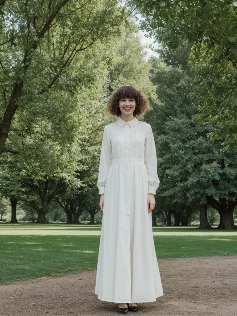 her name is Amelie, high quality, 1girl, ((25-year-old fit Caucasian woman)), ((25 years old)), ((BODY TYPE: HOURGLASS)), ((Curly Bangs)), smiling, pose: standing, wearing Well-dressed ULTRA MODERN Generation-Z modern wear WHITE colored, BACKGROUND: "Visiting Parc de la Tête d'Or, with its expansive lawns, botanical gardens, and serene lake."