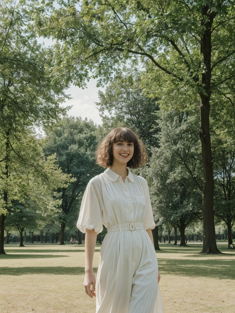 her name is Amelie, high quality, 1girl, ((25-year-old fit Caucasian woman)), ((25 years old)), ((BODY TYPE: HOURGLASS)), ((Curly Bangs)), smiling, pose: standing, wearing Well-dressed ULTRA MODERN Generation-Z modern wear WHITE colored, BACKGROUND:  "Visiting Parc de la Tête d'Or, with its expansive lawns, botanical gardens, and serene lake."