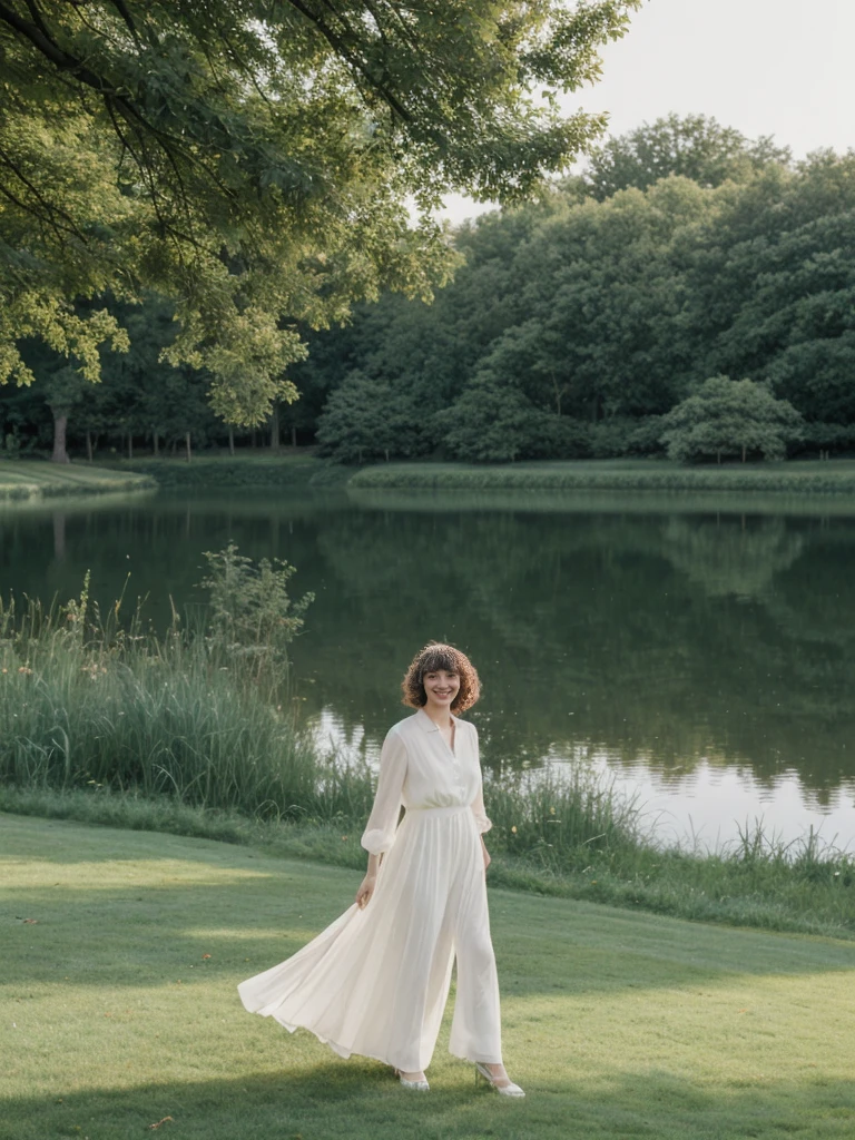 her name is Amelie, high quality, 1girl, ((25-year-old fit Caucasian woman)), ((25 years old)), ((BODY TYPE: HOURGLASS)), ((Curly Bangs)), smiling, pose: standing, wearing Well-dressed ULTRA MODERN Generation-Z modern wear WHITE colored, BACKGROUND:  "Visiting Parc de la Tête d'Or, with its expansive lawns, botanical gardens, and serene lake."