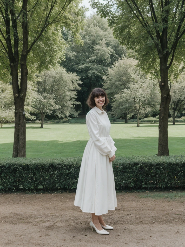 her name is Amelie, high quality, 1girl, ((25-year-old fit Caucasian woman)), ((25 years old)), ((BODY TYPE: HOURGLASS)), ((Curly Bangs)), smiling, pose: standing, wearing Well-dressed ULTRA MODERN Generation-Z modern wear WHITE colored, BACKGROUND:  "Visiting Parc de la Tête d'Or, with its expansive lawns, botanical gardens, and serene lake."