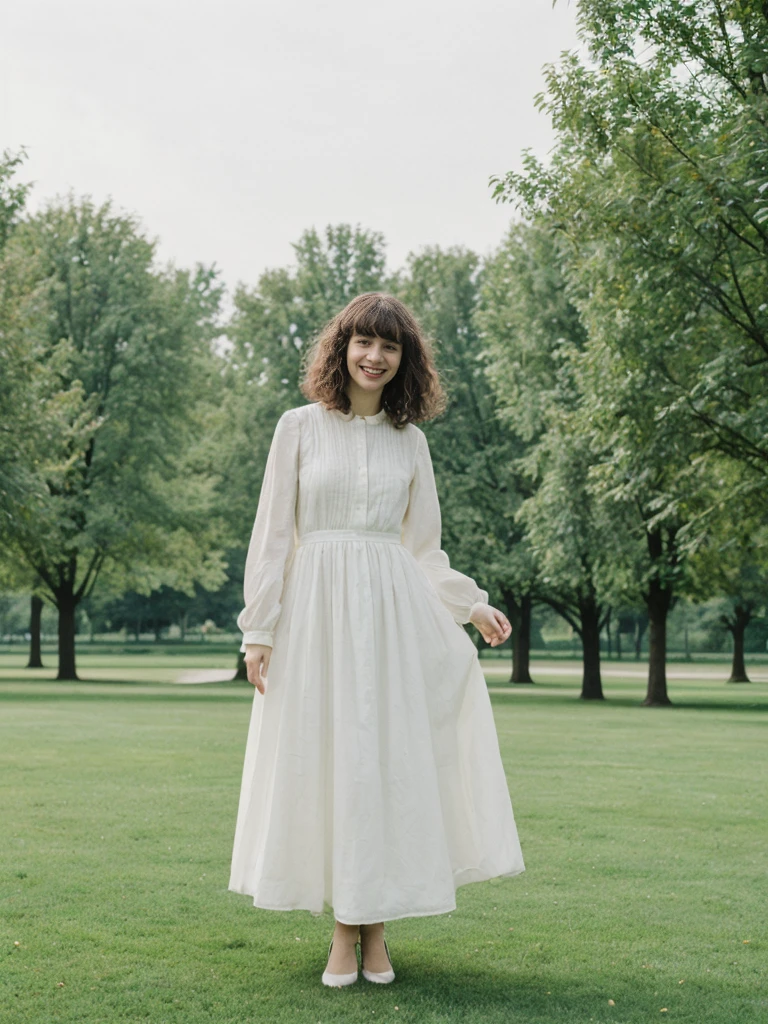 her name is Amelie, high quality, 1girl, ((25-year-old fit Caucasian woman)), ((25 years old)), ((BODY TYPE: HOURGLASS)), ((Curly Bangs)), smiling, pose: standing, wearing Well-dressed ULTRA MODERN Generation-Z modern wear WHITE colored, BACKGROUND: "Visiting Parc de la Tête d'Or, with its expansive lawns, botanical gardens, and serene lake."