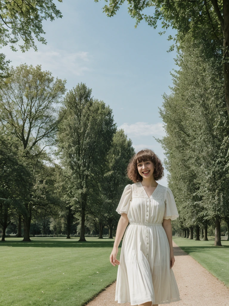 her name is Amelie, high quality, 1girl, ((25-year-old fit Caucasian woman)), ((25 years old)), ((BODY TYPE: HOURGLASS)), ((Curly Bangs)), smiling, pose: standing, wearing Well-dressed ULTRA MODERN Generation-Z modern wear WHITE colored, BACKGROUND:  "Visiting Parc de la Tête d'Or, with its expansive lawns, botanical gardens, and serene lake."