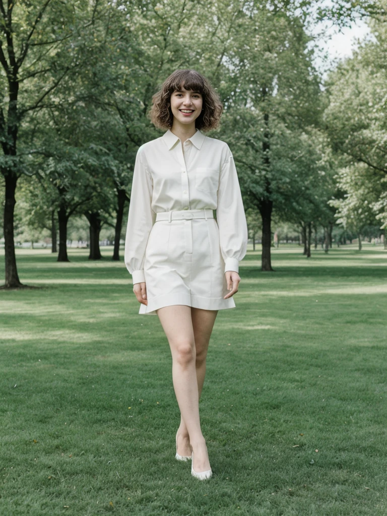 her name is Amelie, high quality, 1girl, ((25-year-old fit Caucasian woman)), ((25 years old)), ((BODY TYPE: HOURGLASS)), ((Curly Bangs)), smiling, pose: standing, wearing Well-dressed ULTRA MODERN Generation-Z modern wear WHITE colored, BACKGROUND: "Visiting Parc de la Tête d'Or, with its expansive lawns, botanical gardens, and serene lake."