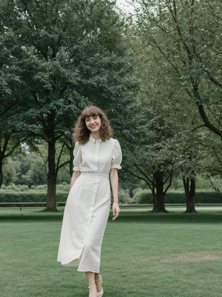 her name is Amelie, high quality, 1girl, ((25-year-old fit Caucasian woman)), ((25 years old)), ((BODY TYPE: HOURGLASS)), ((Curly Bangs)), smiling, pose: standing, wearing Well-dressed ULTRA MODERN Generation-Z modern wear WHITE colored, BACKGROUND: "Visiting Parc de la Tête d'Or, with its expansive lawns, botanical gardens, and serene lake."