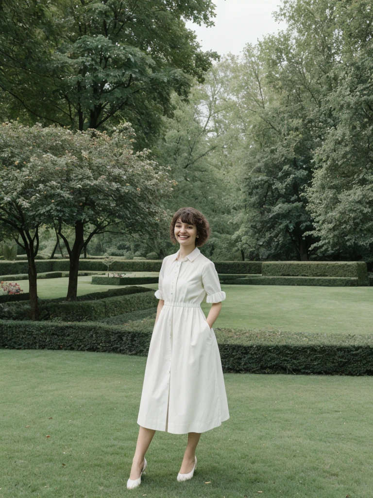 her name is Amelie, high quality, 1girl, ((25-year-old fit Caucasian woman)), ((25 years old)), ((BODY TYPE: HOURGLASS)), ((Curly Bangs)), smiling, pose: standing, wearing Well-dressed ULTRA MODERN Generation-Z modern wear WHITE colored, BACKGROUND:  "Visiting Parc de la Tête d'Or, with its expansive lawns, botanical gardens, and serene lake."