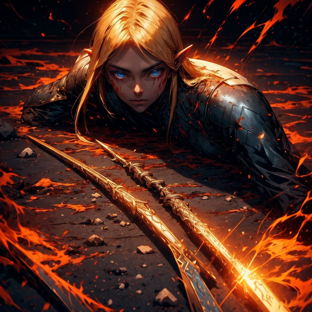 "high resolution, close-up of a dead elf lying on the ground of a battlefield. The elf has long, blonde hair., dirty with blood and dirt, scattered around the head. Your eyes are closed, with an expression of peace and sadness. His pale skin contrasts with the elaborate, detailed armor., that is broken and stained with blood. A black arrow is stuck in your chest,