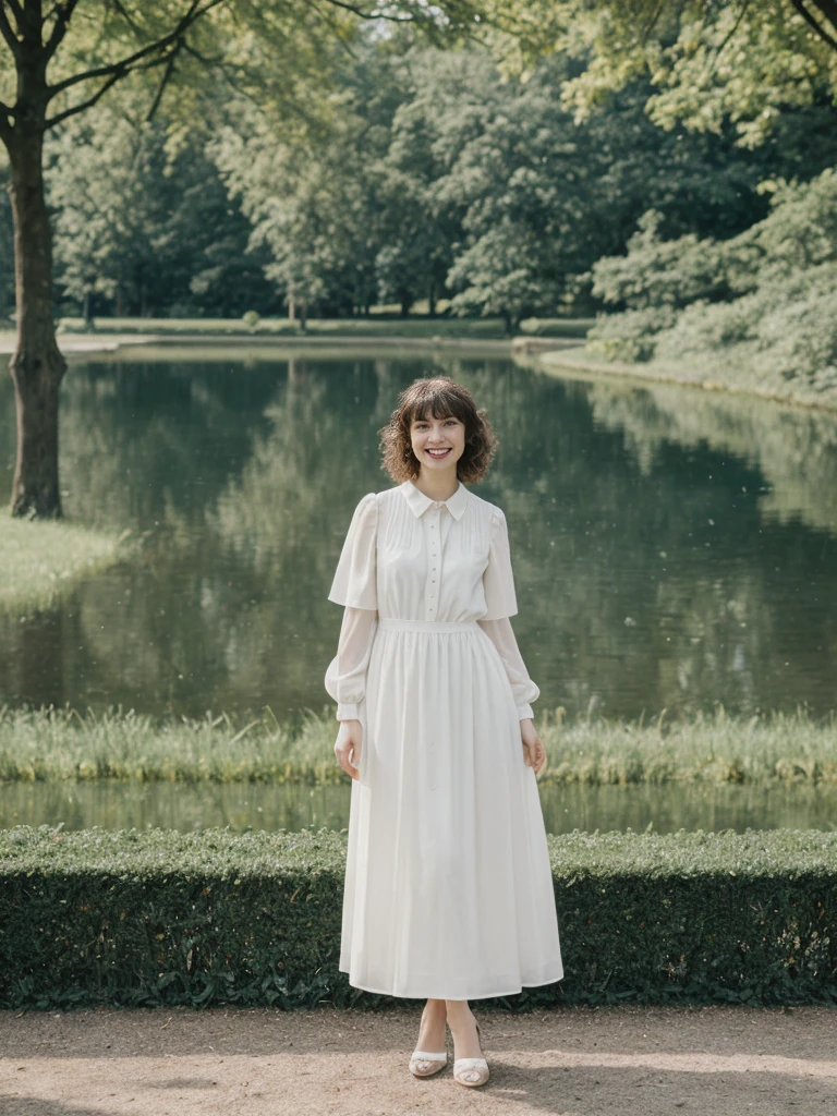 her name is Amelie, high quality, 1girl, ((25-year-old fit Caucasian woman)), ((25 years old)), ((BODY TYPE: HOURGLASS)), ((Curly Bangs)), smiling, pose: standing, wearing Well-dressed ULTRA MODERN Generation-Z modern wear WHITE colored, BACKGROUND:  "Visiting Parc de la Tête d'Or, with its expansive lawns, botanical gardens, and serene lake."