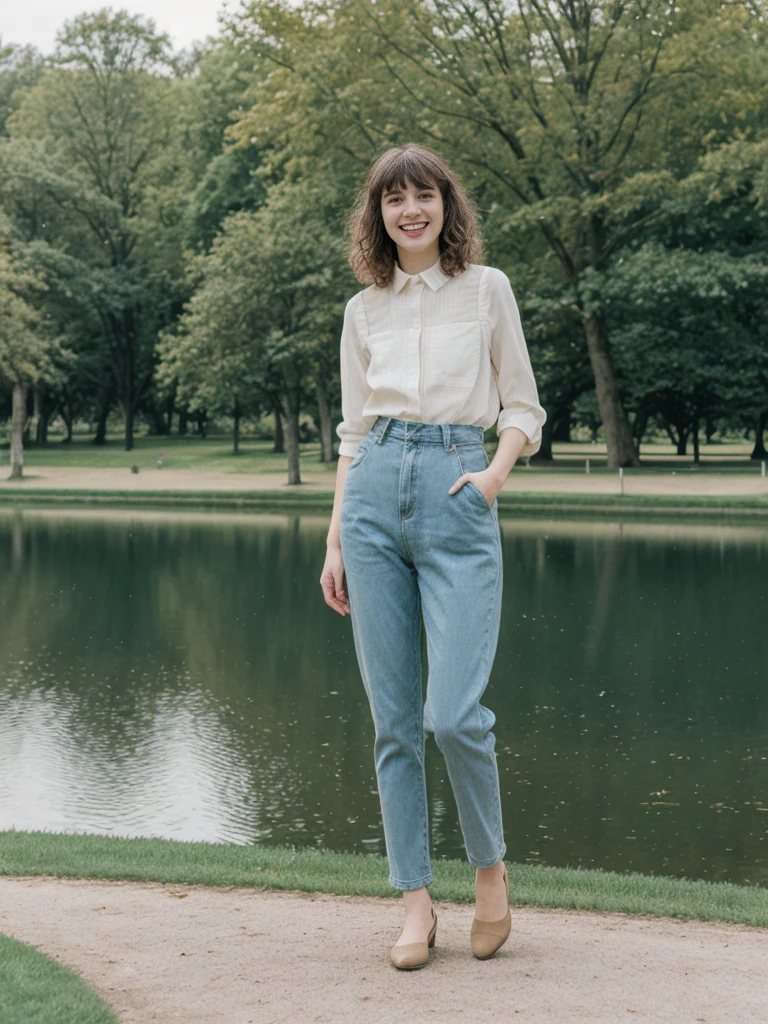 her name is Amelie, high quality, 1girl, ((25-year-old fit Caucasian woman)), ((25 years old)), ((BODY TYPE: HOURGLASS)), ((Curly Bangs)), smiling, pose: standing, wearing Well-dressed ULTRA MODERN Generation-Z modern wear WHITE colored, BACKGROUND: "Visiting Parc de la Tête d'Or, with its expansive lawns, botanical gardens, and serene lake."