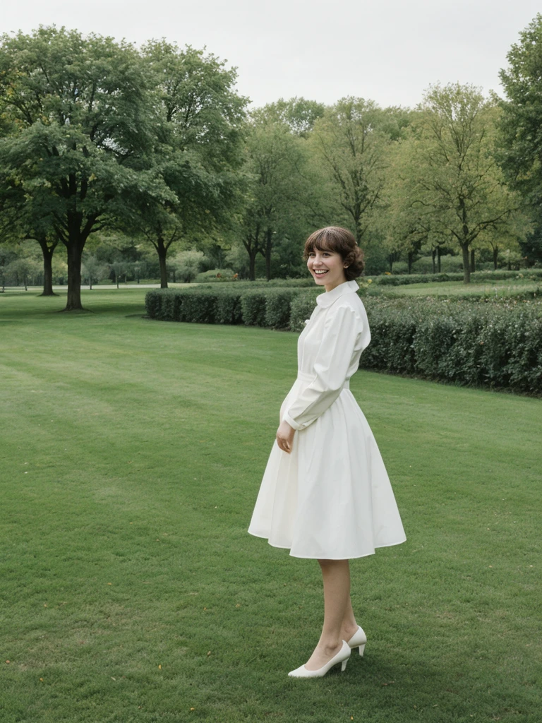 her name is Amelie, high quality, 1girl, ((25-year-old fit Caucasian woman)), ((25 years old)), ((BODY TYPE: HOURGLASS)), ((Curly Bangs)), smiling, pose: standing, wearing Well-dressed ULTRA MODERN Generation-Z modern wear WHITE colored, BACKGROUND:  "Visiting Parc de la Tête d'Or, with its expansive lawns, botanical gardens, and serene lake."
