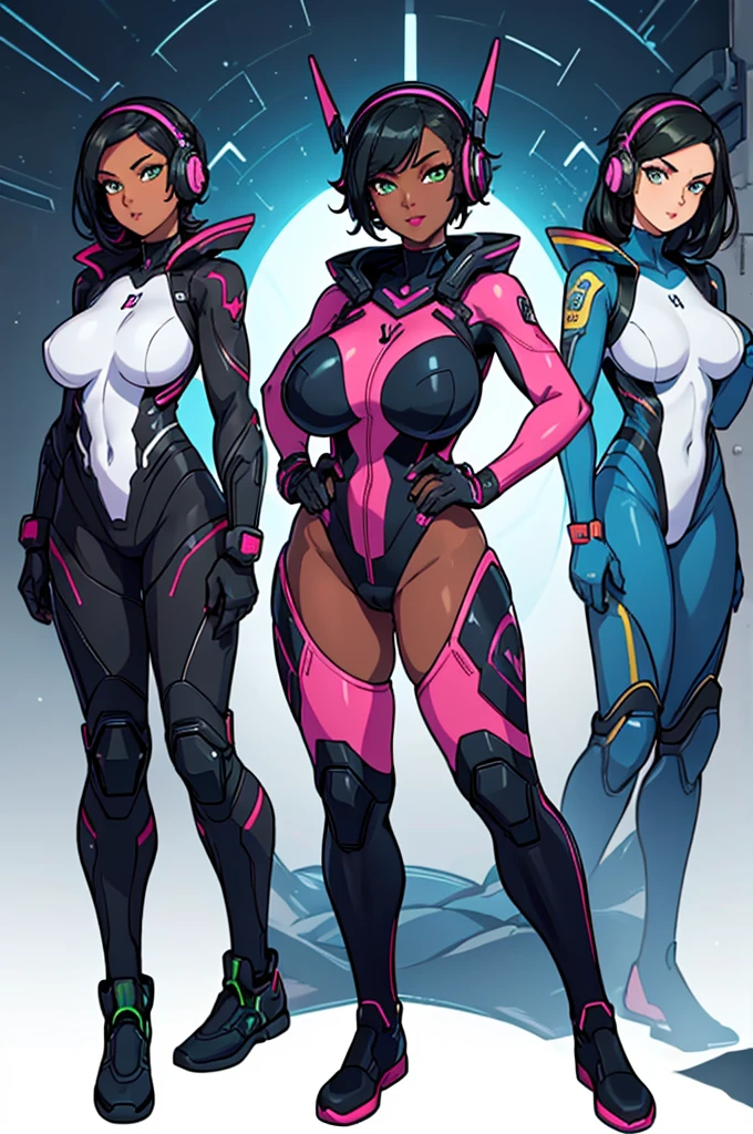 (masterpiece, best quality, high resolution,)a beautiful woman,((huge breasts)), very short black hair without strands,((dark skin)),green eyes,pink lips,, plug-in suit, black pilot suit and blue full body smile, black and blue interface headphones, body with muscles,,((white background,)), ((full body standing)),