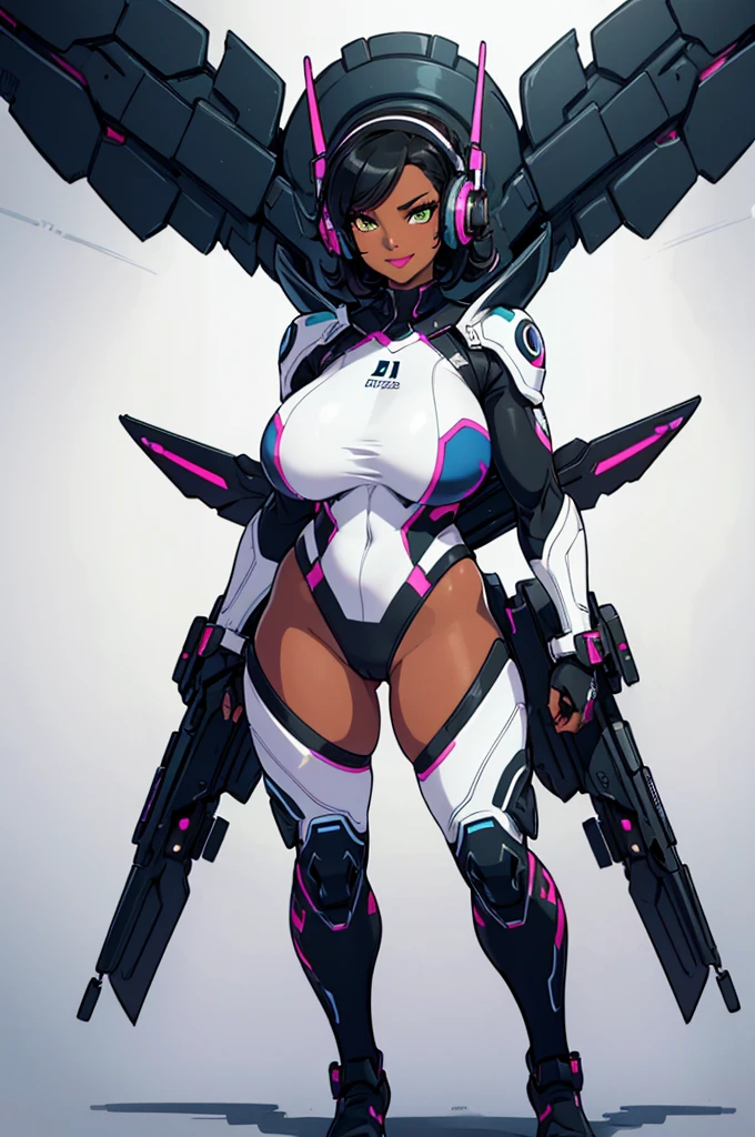 (masterpiece, best quality, high resolution,)a beautiful woman,((huge breasts)), very short black hair without strands,((dark skin)),green eyes,pink lips,, plug-in suit, black pilot suit and blue full body smile, black and blue interface headphones, body with muscles,,((white background,)), ((full body standing)),
