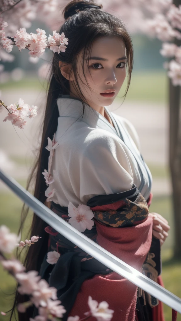 ((A beautiful woman holding a sword in both hands)), whole body:1.4, from the front, Black kimono, Wearing armor, Hakama style, Wearing zori shoes, Combat pose, Black hair ponytail, (masterpiece, 最high quality, high quality, High resolution, Very detailed), Background is cherry blossoms, Cherry blossom petals fluttering, Glossy, beautiful lips, KPOP idol faces, Beautiful Korean woman face, Vibrant colors