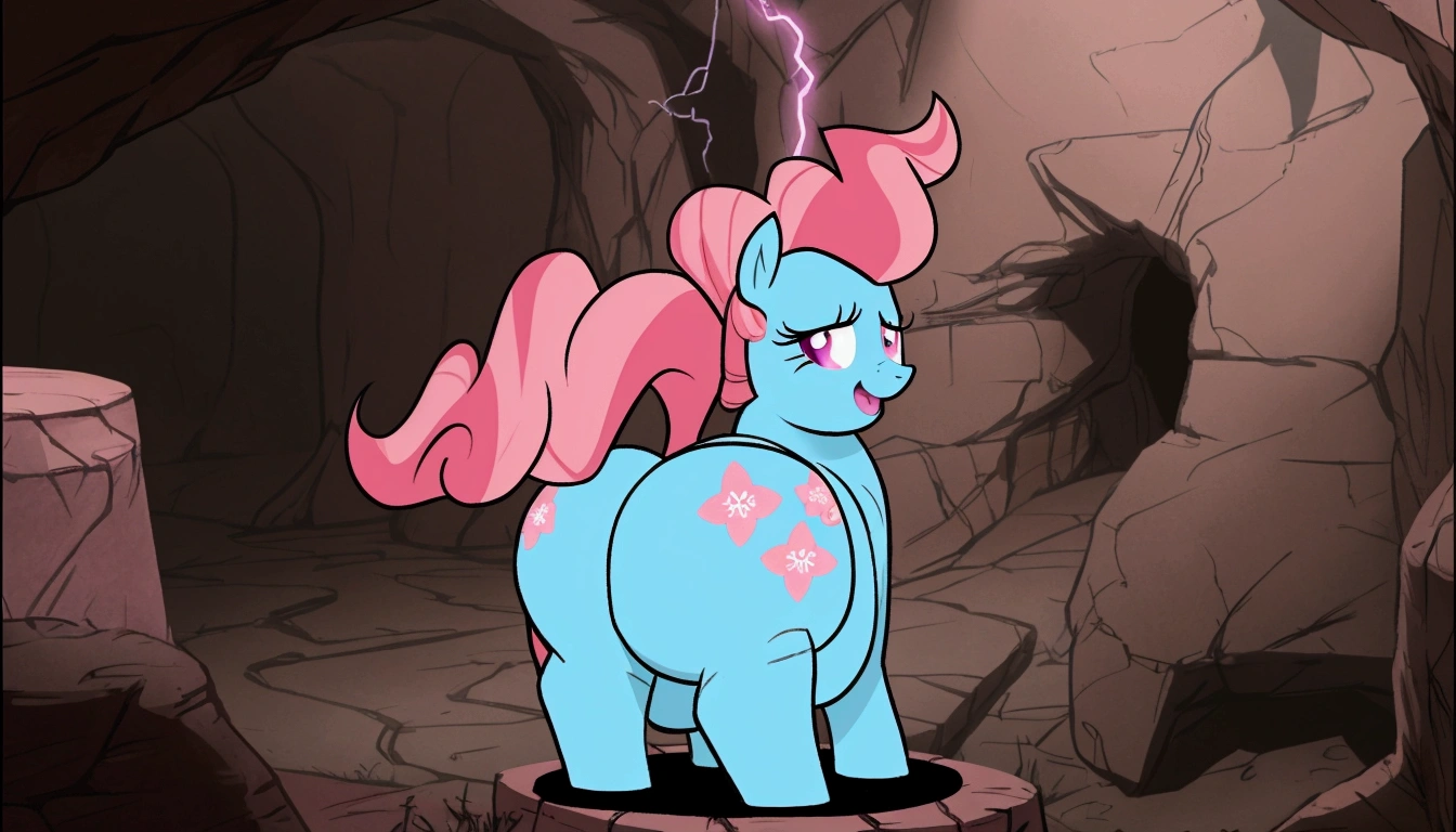 there is a cartoon pony standing in a cave with a table, pinkie pie equine, pinky pie my little pony, pinkie pie as a sith lord, pinkie pie, pony facing away, anthropomorphic mare, her hair is in a pony tail, windy mane, cutie mark, neon hooves, oversized_hindquarters, mlp