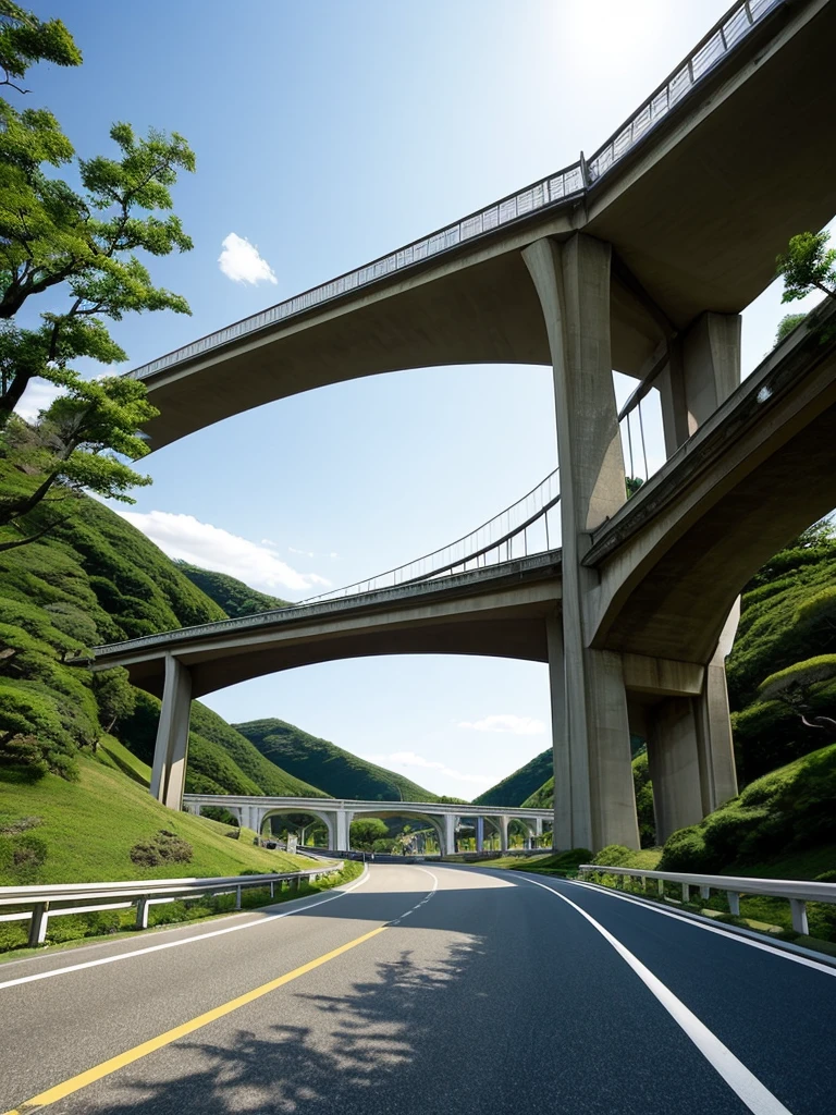 (((Masterpiece))), (best quality),A Japanese viaduct stretches directly across the street. Underneath the viaduct is a single lane road. A local city.
