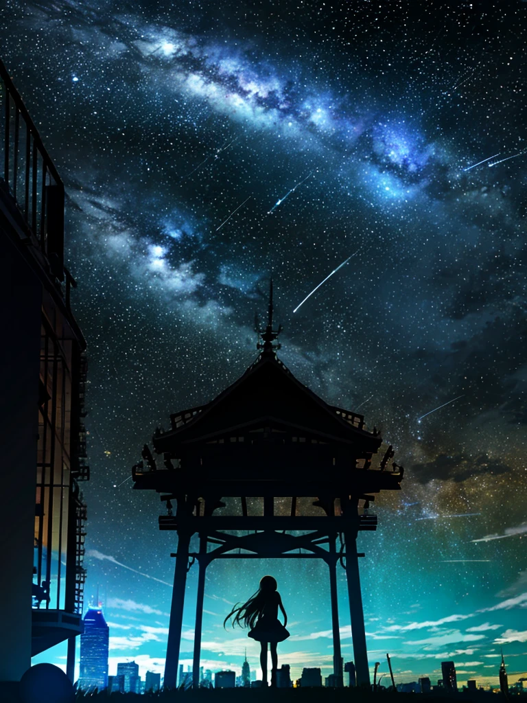 octans, sky, star (sky), scenery, starry sky, night, 1girl, night sky, solo, outdoors, building, cloud, milky way, sitting, tree, long hair, city, silhouette, cityscape, day time