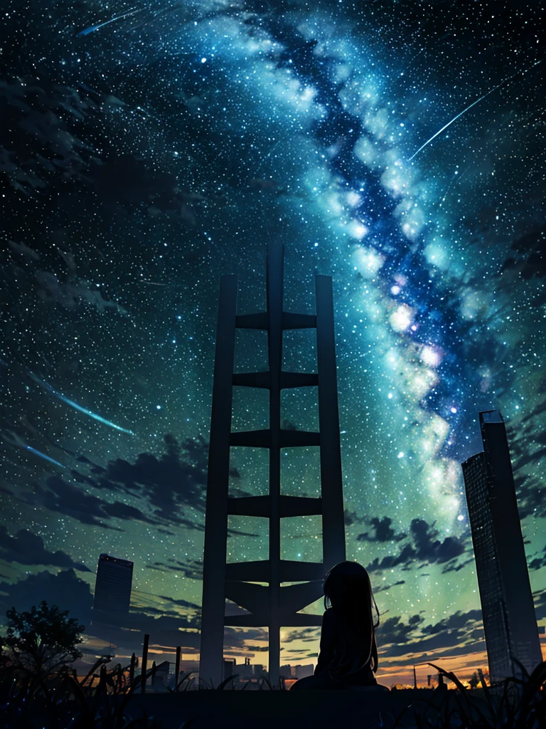 octans, sky, star (sky), scenery, starry sky, night, 1girl, night sky, solo, outdoors, building, cloud, milky way, sitting, tree, long hair, city, silhouette, cityscape, day time