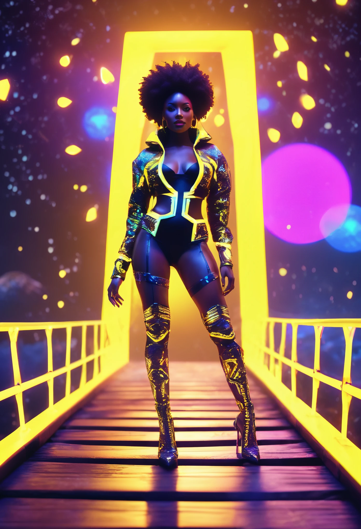 A black woman dressed in african designed cotton clothes and high heels, walking on a floating wooden bridge in outer space, bridge lit by yellow neon lights, the bridge connecting to a white planet portal, beautiful neon lit stars shining iridescent light particles in the scene, 32k, ultra HD,  unreal engine rendered, beautiful and vibrant scene. Cinematic film still, shot on v-raptor XL, film grain, vignette, color graded, post-processed, cinematic lighting, 35mm film, live-action, best quality, atmospheric, a masterpiece, epic, stunning, dramatic