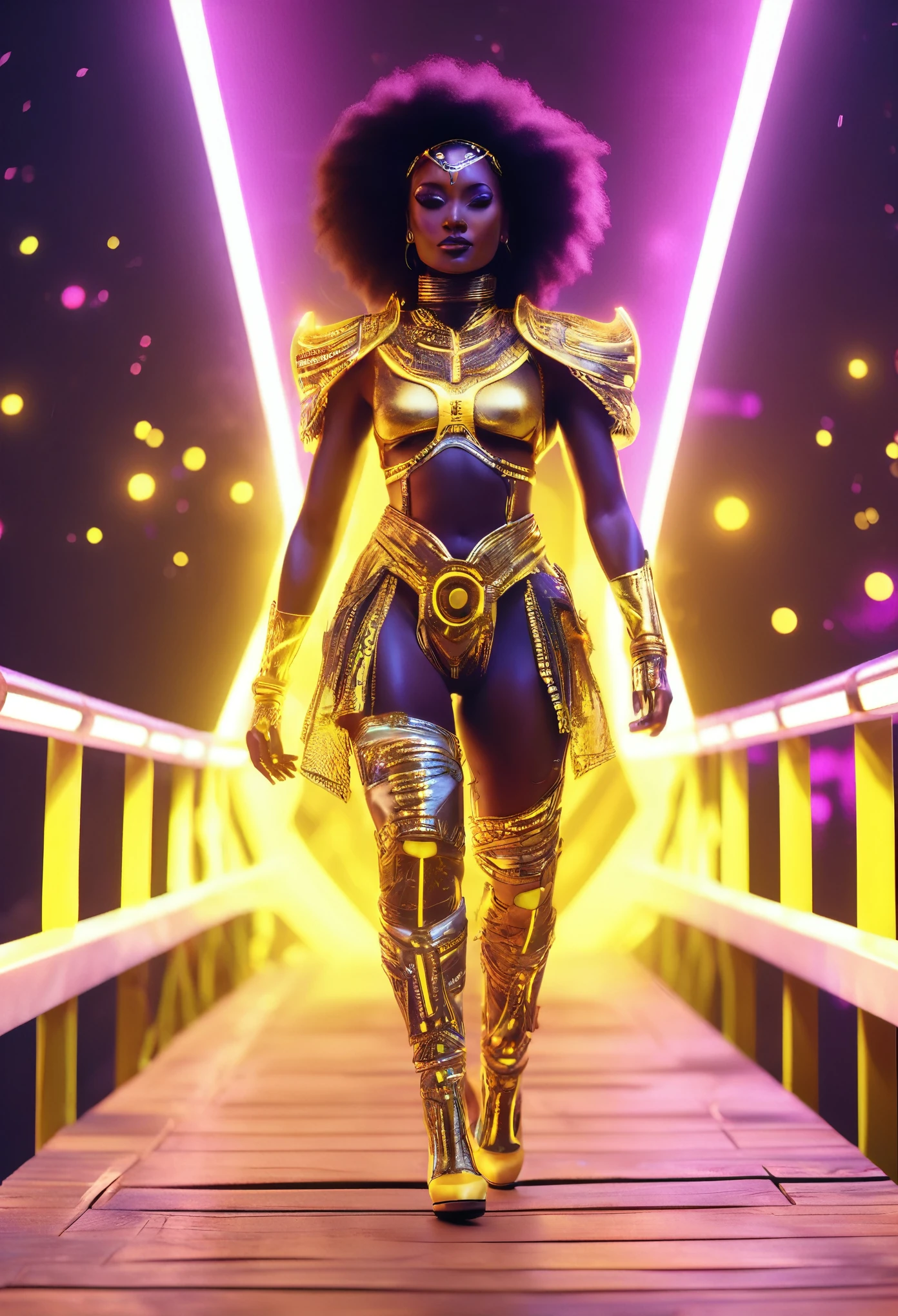 A black woman dressed in african designed cotton clothes and high heels, walking on a floating wooden bridge in outer space, bridge lit by yellow neon lights, the bridge connecting to a white planet portal, beautiful neon lit stars shining iridescent light particles in the scene, 32k, ultra HD,  unreal engine rendered, beautiful and vibrant scene. Cinematic film still, shot on v-raptor XL, film grain, vignette, color graded, post-processed, cinematic lighting, 35mm film, live-action, best quality, atmospheric, a masterpiece, epic, stunning, dramatic