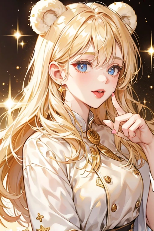 A pale gold GIRL bear with gold cream and white sprinkles. SHe has a winking face with hER tongue sticking out. SPARKLE; GLITTER