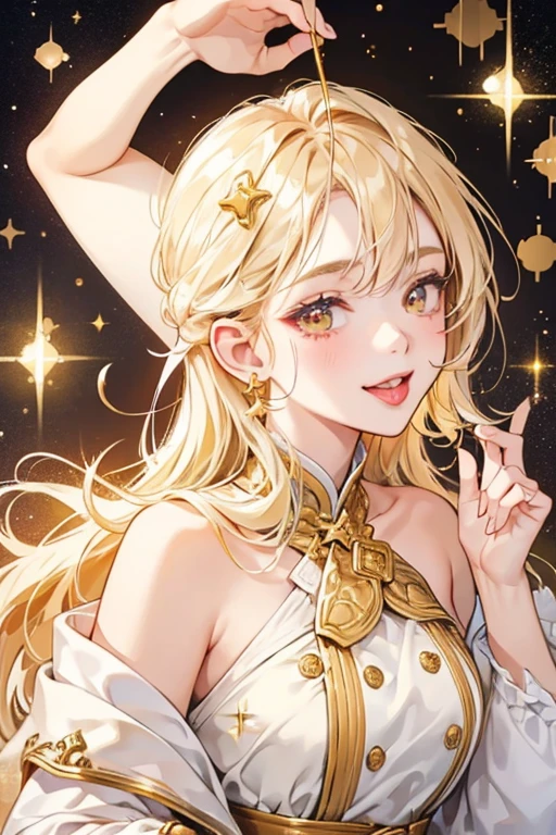 A pale gold GIRL bear with gold cream and white sprinkles. SHe has a winking face with hER tongue sticking out. SPARKLE; GLITTER
