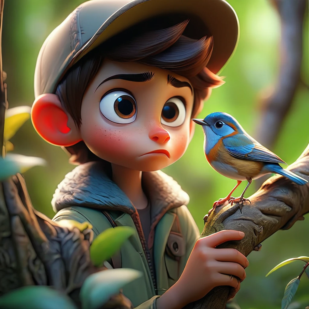 Boy looking at forest curious with a little bird on a branch in the tree (Masterpiece artwork: 2.1) (realisitic: 1.2) (bokeh) (best qualityer) (skin detailed: 1.3) (details Intricate) (8k) (Detail eyes) (sharp focus) 2.1