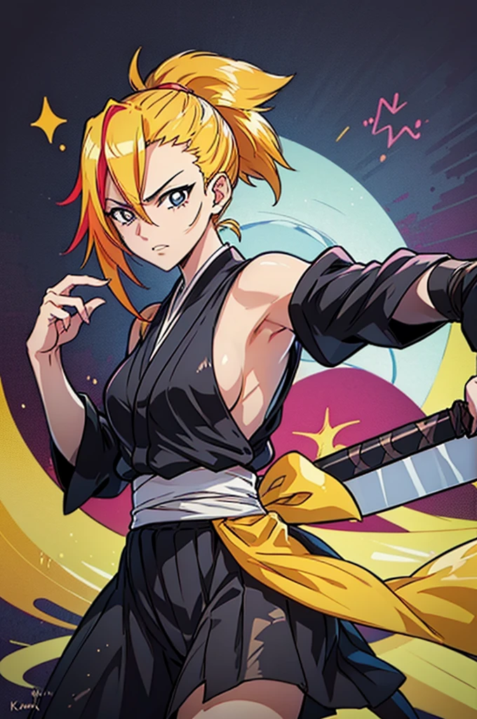 a drawing of a woman in a black outfit holding a sword, blonde, cute, inspired by Kusumi Morikage, inspired by Kanō Hōgai, inspired by Kano Sanraku, inspired by Kawabata Ryūshi, Female Samurai, Japanese anime style, anime style character